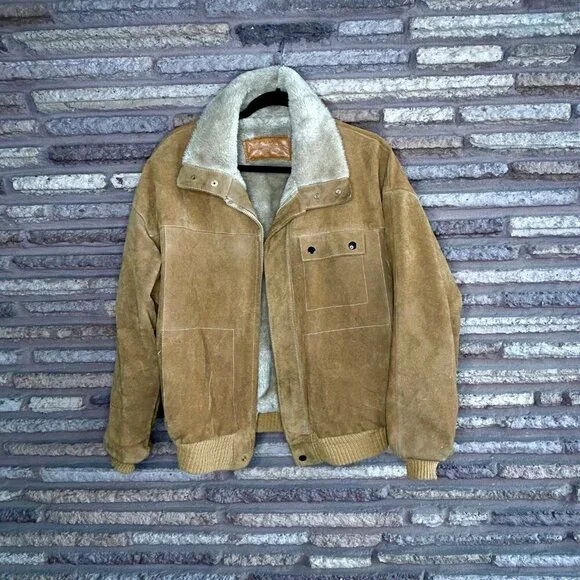 William Barry Tan Suede Flight Bomber Jacket Sherpa Lined Vintage Size 40